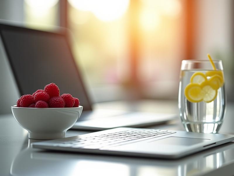Modern bright office desk with healthy snacks